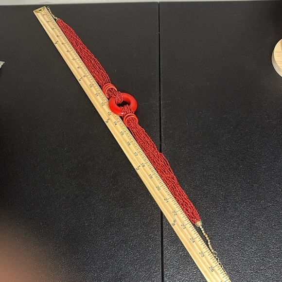 Vintage Red Necklace Coral Beaded Multistrand Bakelite Pendant Ring Silver - Picture 6 of 7